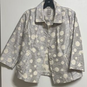 Chico's Cream & Gray Silver Polka Dot Woven Blazer Jacket Cotton Blend 1 Medium